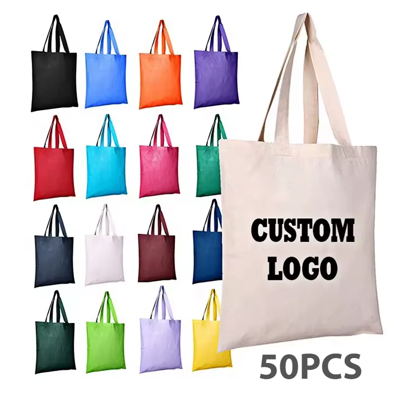 Custom Tote Bags 50 Pcs Bulk Personalized Canvas Bag Cotton Custom Size Color Print Design Logo Shoulder Bag Wholesale